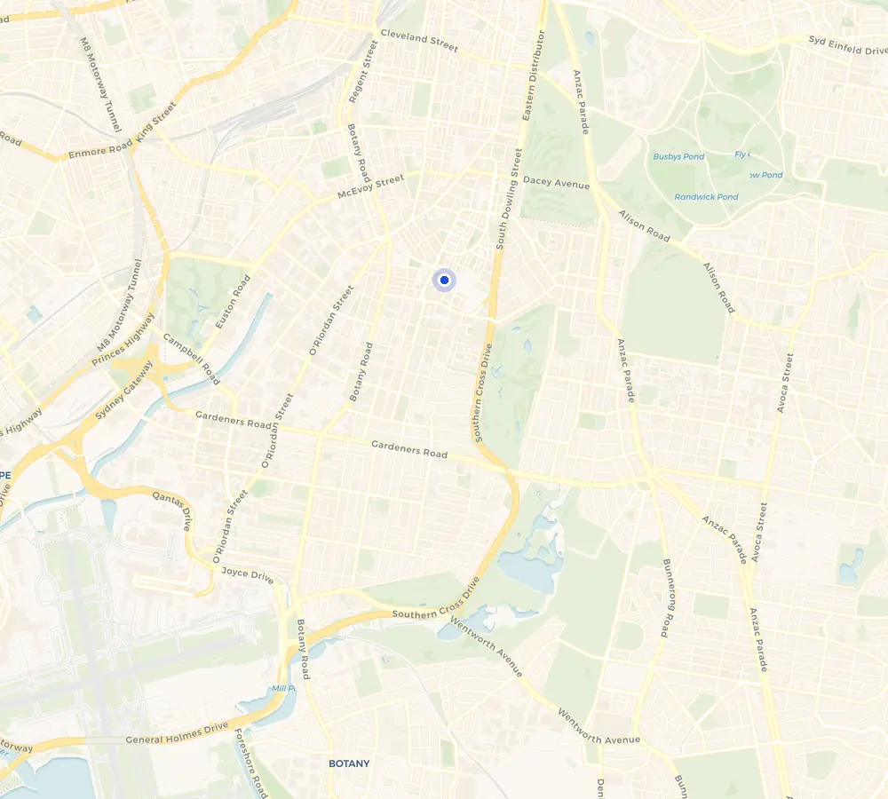 Map of the Zetland service area and the surrounding Inner Sydney, showing Zetland and the nearby streets we cover.