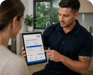 Plumber showing a Zetland customer the quote on a tablet