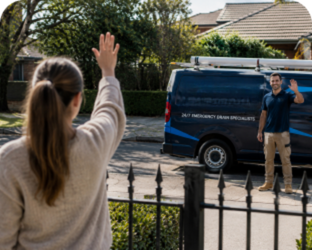 Customer waving goodbye to a Zetland Blocked Drains plumber